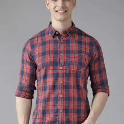 BEAT LONDON by PEPE JEANS Men Red & Navy Blue Slim Fit Tartan Checked Pure Cotton Shirt-image-37
