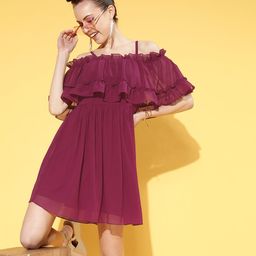Athena Women Deep Burgundy Solid Feminine Frills Dress-picture-31