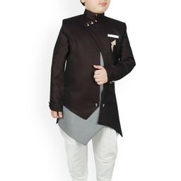SG YUVRAJ Boys Coffee-Brown & White Solid Raw Silk Sherwani-image-68