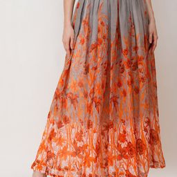 SCORPIUS Women Grey & Orange Floral Printed Flared Maxi Chiffon Skirt-5