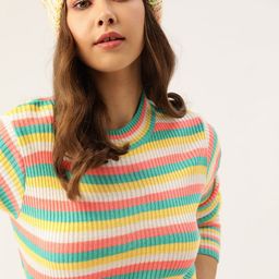 DressBerry Women Yellow & Green Striped Ribbed Pullover-image-19