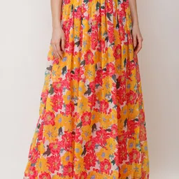 SCORPIUS Women Yellow & Orange Floral Print Flared Maxi Skirt-image-17