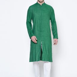 DEYANN Men Green & White Solid Cotton Kurta with Pyjamas-picture-12