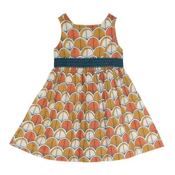 My Little Lambs Girls Beige & Orange Printed Fit and Flare Dress-image-86