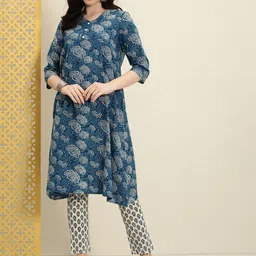 House of Pataudi Women Blue Ethnic Motifs Printed Regular Pure Cotton Kurta with Trousers-image-16