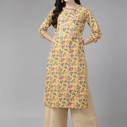 Cayman Floral Printed Keyhole Neck Thread Work Pure Cotton Kurta-image-54