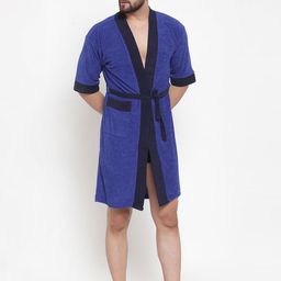 ELEVANTO Men Blue & Black Solid Bathrobe-image-78