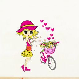 rawpockets Pink & Yellow Cute Girl and Cycle PVC Vinyl Wall Sticker-1