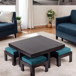 Ikiriya Black Textured Sheesham Wood Mahagony Finish Coffee Table with Stool and Cushions-image-85