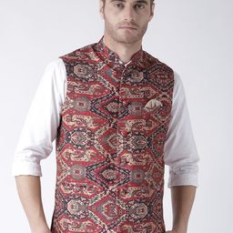 Hangup Men Brown Printed Nehru Jacket-35