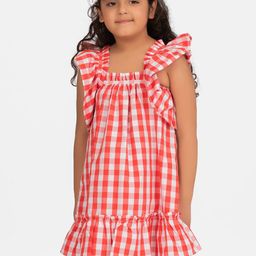 KIDKLO Girls Red Checked Oversized Ruffle Sleeves A-Line Dress-image-49