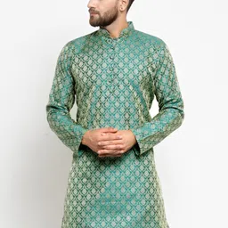 Jompers Men Green & Gold-Toned Woven Design A-Line Kurta-image-25