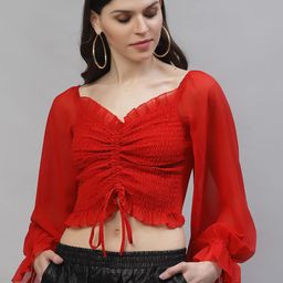 Athena Red Sweetheart Neck Puff Sleeves Georgette Crop Top-12