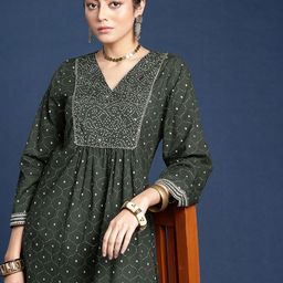 Taavi Bindu Geometric Printed Yoke Design Sequinned A-Line Pure Cotton Kurta-19