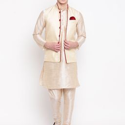 MAG Men Beige & Cream-Coloured Solid Kurta with Churidar & Nehru Jacket-1