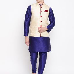 MAG Men Navy Blue & Cream-Coloured Solid Kurta with Churidar-picture-22