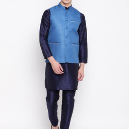 MAG Men Navy Blue Solid Kurta with Churidar & Jute Nehru Jacket-picture-39