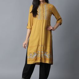 W Women Mustard Yellow Ethnic Motifs Printed Kurta-image-87