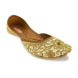 Fulkari Women Gold-Toned Embellished Leather Mojaris-image-35