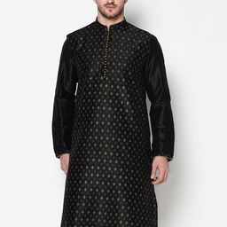 DEYANN Men Black Ethnic Motifs Printed Dupion Silk Kurta-37