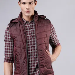 HIGHLANDER Men Burgundy Solid  Hooded Padded Jacket-28