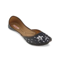 Fulkari Women Grey Embellished Leather Mojaris-image-127