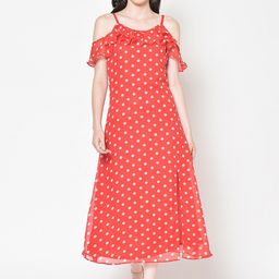 Cation Women Red & White Polka Dot Print Midi A-Line Dress-image-32