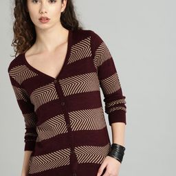Roadster Women Maroon & Beige Self Design Cardigan-picture-56