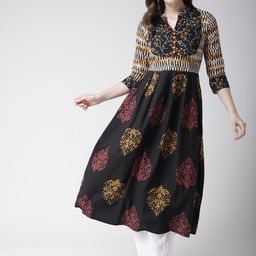 RANGMAYEE Women Black & Mustard Yellow Screen Print A-Line Kurta-picture-20
