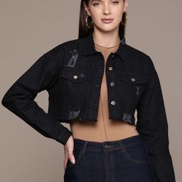 bebe Denim Daze Solid Drop-Shoulder Sleeves Ripped Detail Cropped Pure Cotton Denim Jacket-picture-37