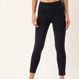 AND Women Navy Blue Solid Tapered Fit Trousers-26