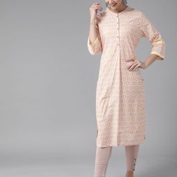 W Women Peach-Coloured & White Ethnic Printed Kurta-48
