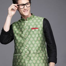 Manyavar Men Green & Gold-Toned Ethnic Motifs Nehru Jacket-image-28