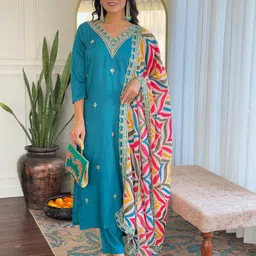 CaniBani Teal Silk Blend Kurta Sets-picture-19