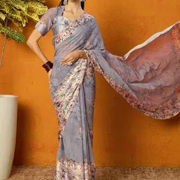 Inddus Floral Embellished Saree With Blouse Piece-16