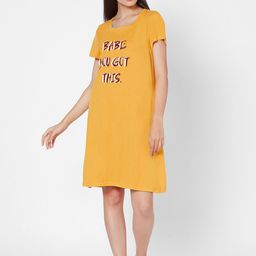 Soie Women Yellow Printed Knee Length Nightdress-58