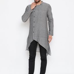 even Men Grey Striped Asymmetric Straight Kurta-image-58