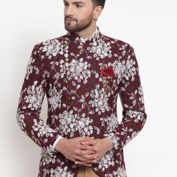 LUXURAZI Men Maroon & White Printed Bandhgala Party Blazer-image-1