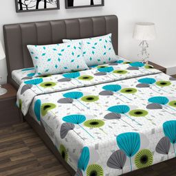 Divine Casa White & Turquoise Blue Floral Printed Double King Bedsheet With 2 Pillow Covers & Dohar-11
