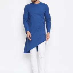 even Men Blue Woven Design Asymmetric Straight Kurta-image-91