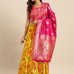 Shaily Mustard Yellow & Pink Zari Silk Blend Semi-Stitched Lehenga & Blouse with Dupatta-picture-23