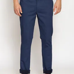 Basics Men Navy Blue Tapered Fit Solid Regular Trousers-image-95