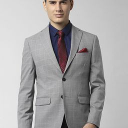 Peter England Elite Men Grey Checked Slim-Fit Single-Breasted Blazer-picture-43