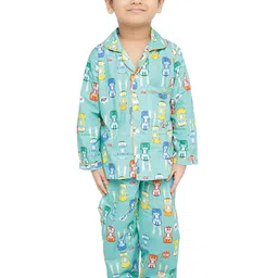Knitting Doodles Unisex Kids Turquoise Blue & Yellow Printed Night Suit-image-49