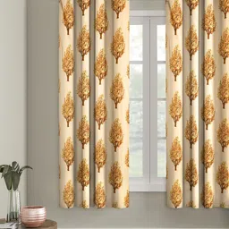 Cortina Yellow & Brown Single Floral Printed Window Curtain-44