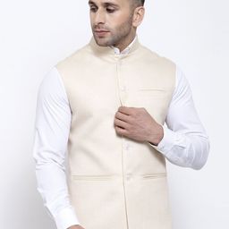 Badoliya & Sons Men Cream Coloured Woven Design Jute Nehru Jacket-56