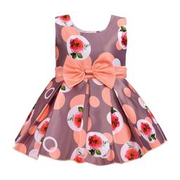 Wish Karo Girls Peach-Coloured Floral & Polka Dot Printed Round Neck Silk Satin Dress-image-69