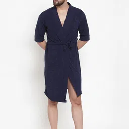 ELEVANTO Men Navy Blue Solid Bath Robe NAVY-M-F-image-55