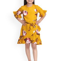 StyleStone Girls Mustard Yellow & Pink Floral Printed Crepe Ruffled Fit & Flare Dress-picture-18