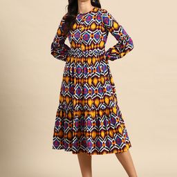 MABISH by Sonal Jain Ethnic Motifs Print Gathered Detail Empire Style A-Line Midi Dress-image-5
